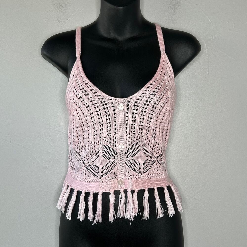 CRAVE FAME Crochet Fringe Crop Top Womens Size Large Boho Kawaii Pastel Festival
